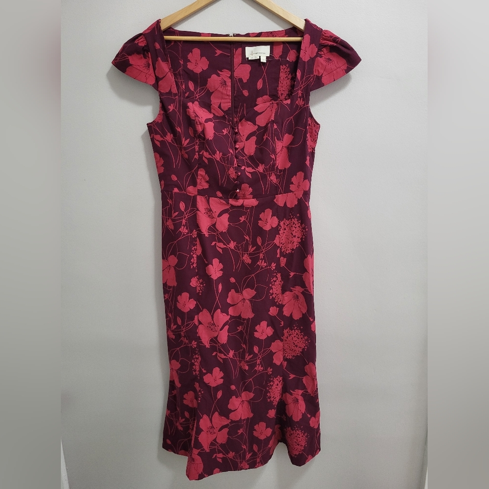 Anthropologie Burgundy and Pink Floral Midi Dress